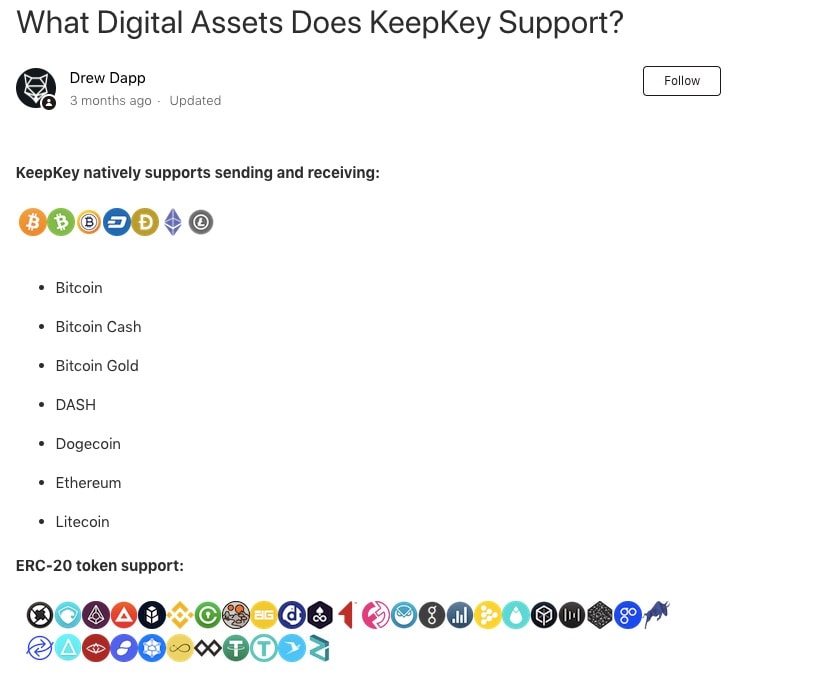 Siste liste over KeepKeys støttede kryptovalutaer.